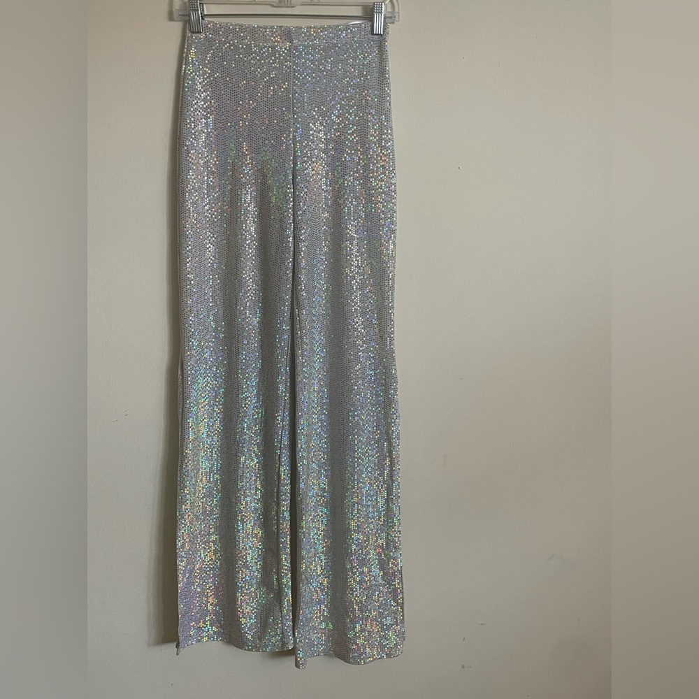 White Flare Pants - White Disco Ball Holographic Flare Pants // Metallic Bell B